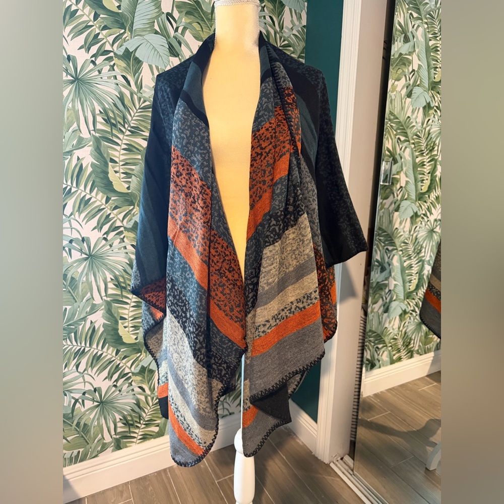 Woven Striped Open Front Shawl Blanket Scarf Poncho - Orange, Gray & Black